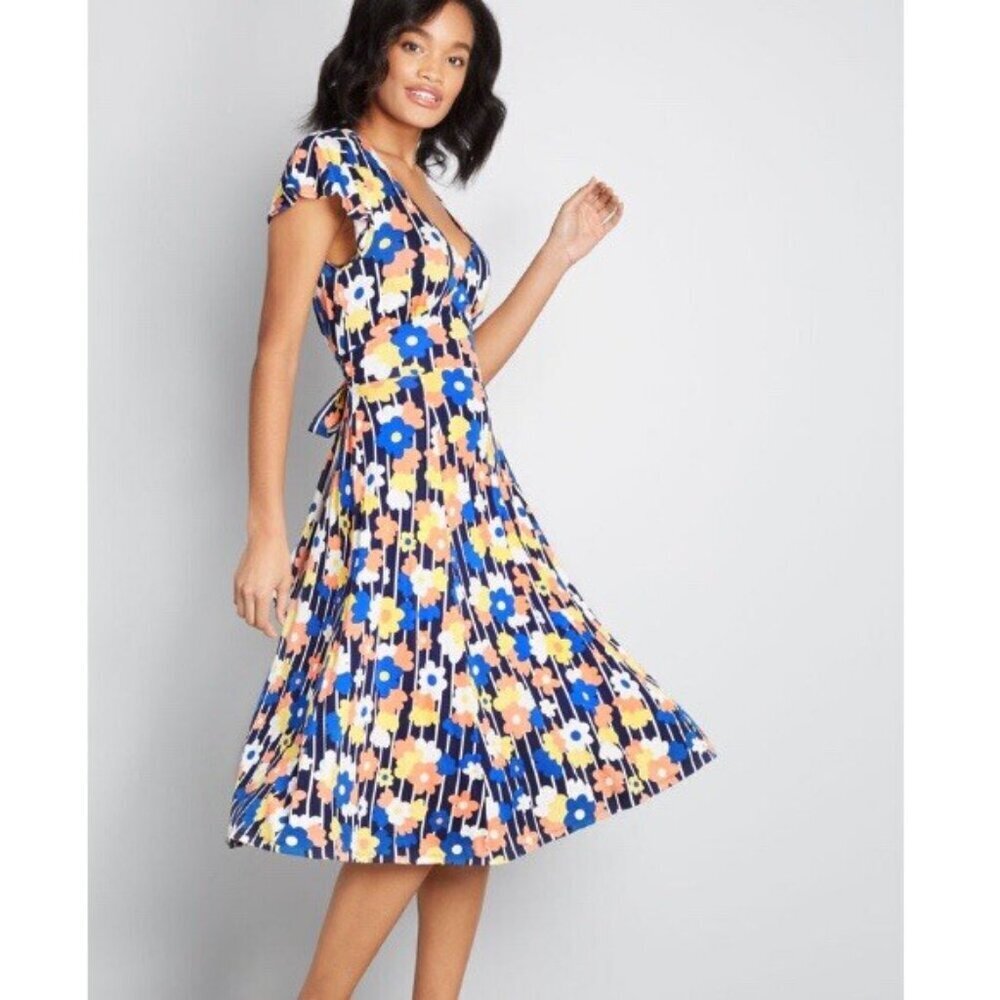 Modcloth‎ Tie Back Floral Knit Midi Dress Size Small Retro